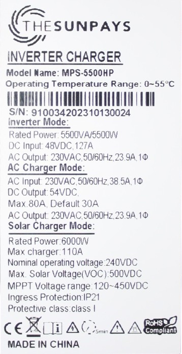 5.5kW High Voltage MPPT Inverter, 500Voc, 48V Pure Sine wave, Can parallel connect, WIFI Compatible