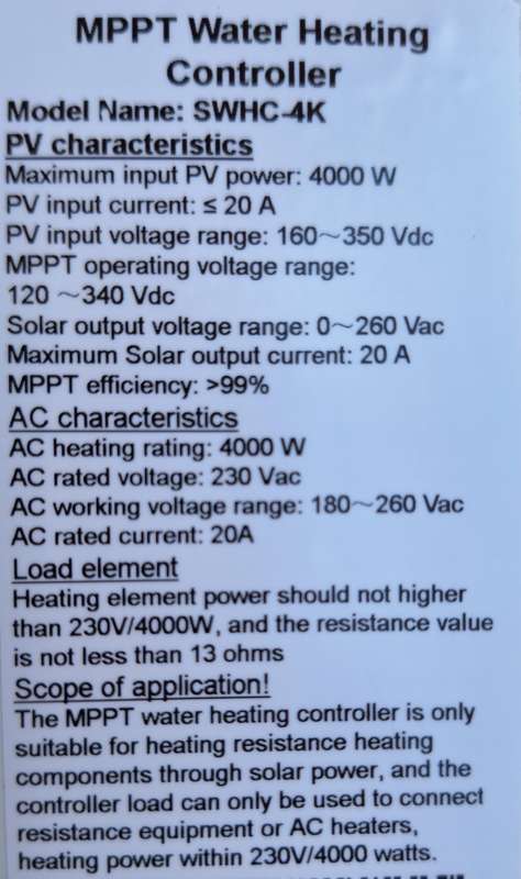 4000W / 230V Solar powered Geyser controller/water heater.