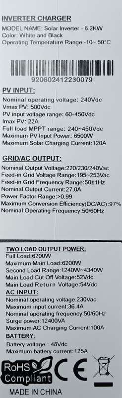 Solar Inverter - 6.2kW 7kVA High Voltage, 48V,  DUAL AC OUTPUTS, Pure Sine wave Inverter, Stand a...