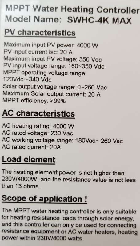 4000W / 230V LCD-programmable Solar powered Geyser controller/water heater with probe.