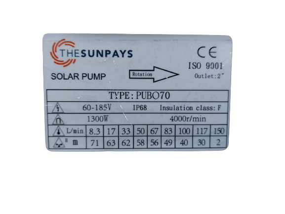 Solar Borehole Pump, Max Head 70m, Centrifugal, With Controller (PUBO70)