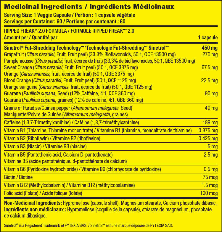 PharmaFreak Ripped Freak 2.0 60 Caps - Nutritional Information