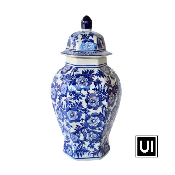 Medium blue and white flower ginger jar