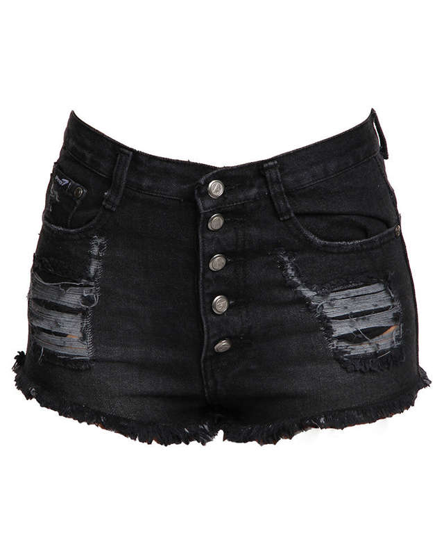 High Waisted Ripped Denim Shorts Black - 34