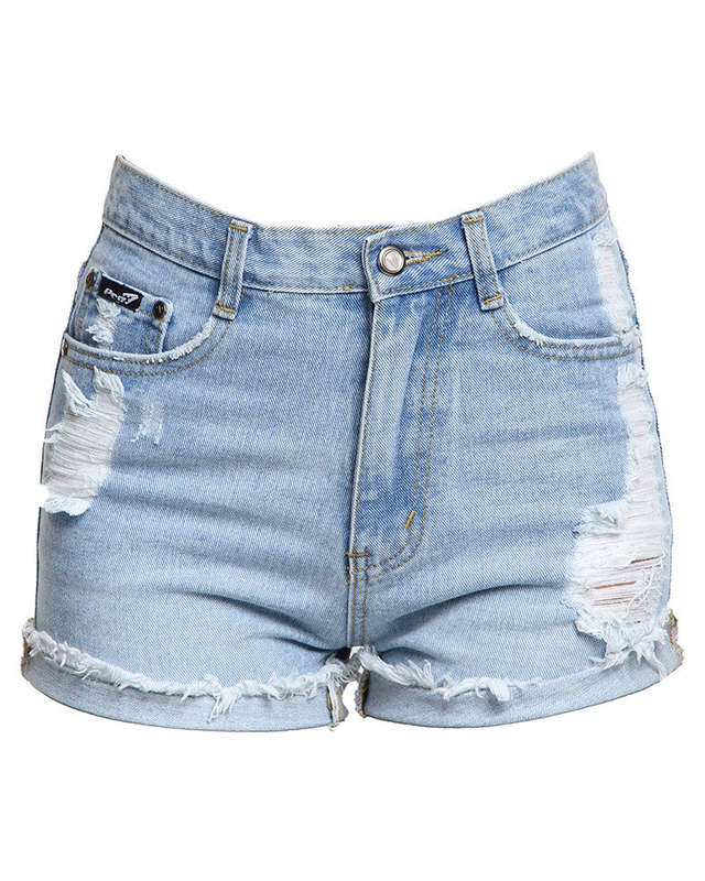 High Waisted Fold Up Denim Shorts Blue - L