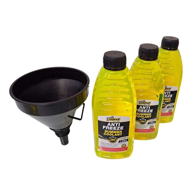 3 x Shield 96% Yellow 1L Anti-Freeze And Reusable Funnel