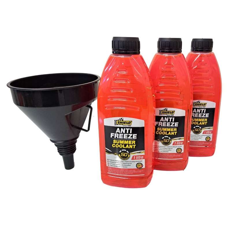 3 x Shield 50% Red 1L Anti-Freeze And Reusable Funnel