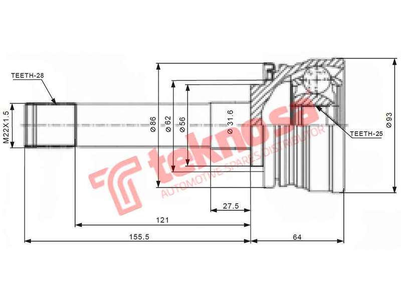 TEKNOSA FRONT LEFT - RIGHT OUTER CV JOINT For MITSUBISHI COLT 2.4 LDV (4G64)(8V 94KW) 94-13