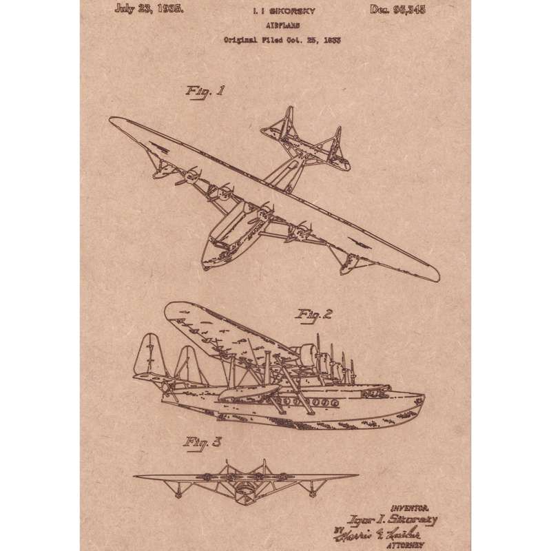 Vintage Patent Sketch Style Sikorsky Airplane - Unframed