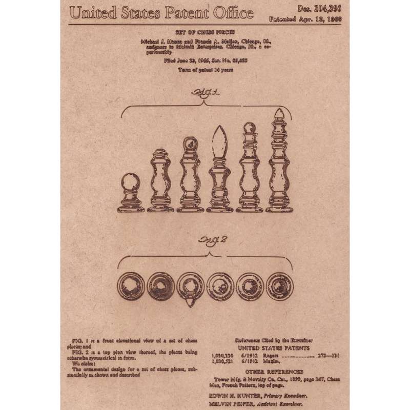Vintage Patent Sketch Style Chess Pieces - Unframed
