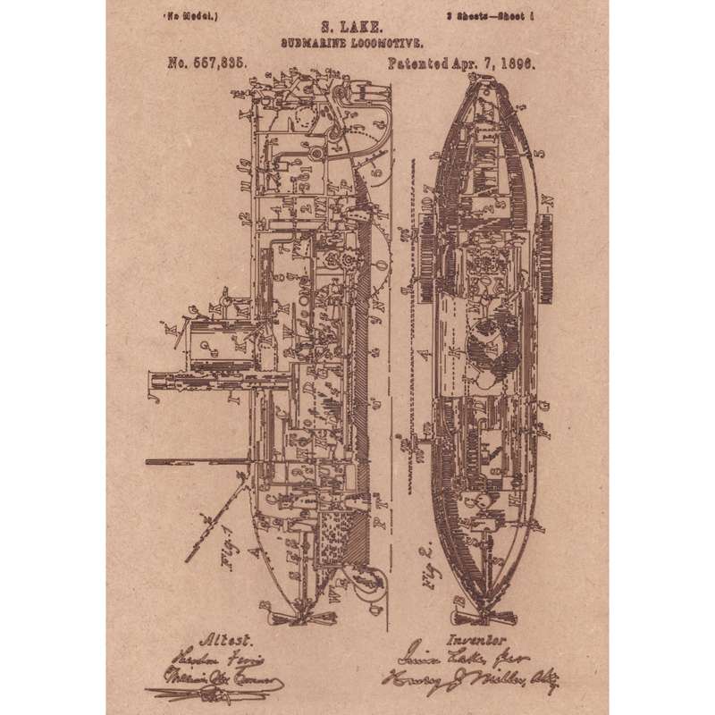 Vintage Patent Sketch Style Submarine - Unframed