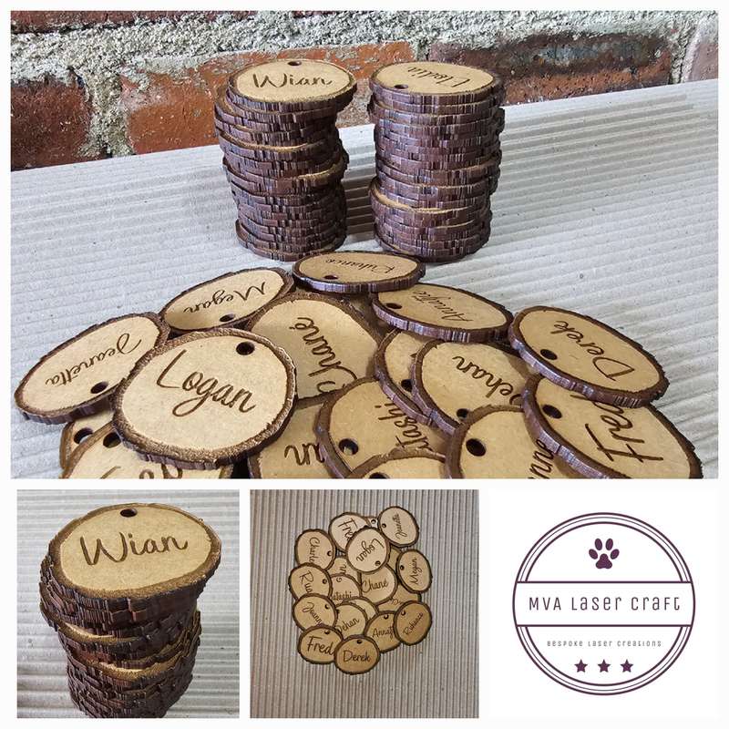 Rustic Personalised Table Name markers (Wood Slice Look) - Add your own twine, bow or ribbon.