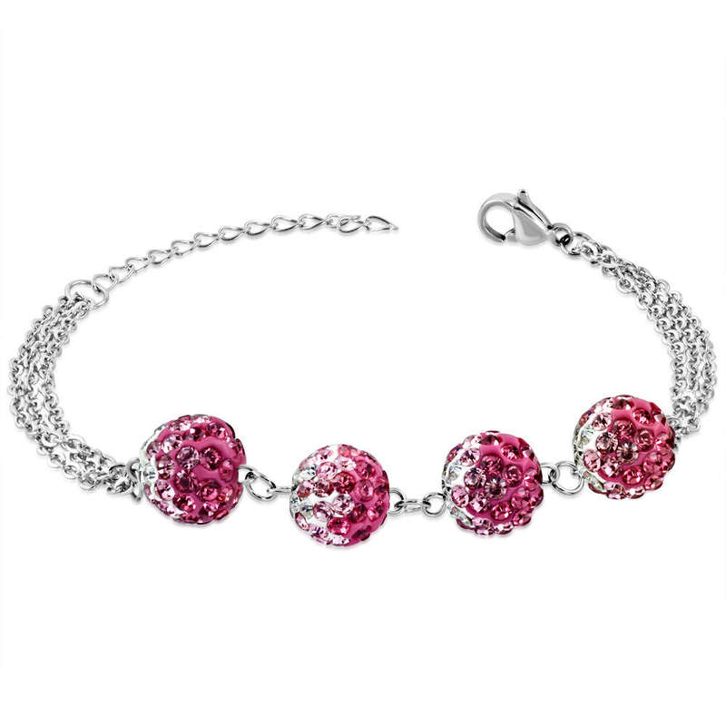 10mm Stainless Steel Argil Disco Shamballa Bead Ball Link Chain 3-Strand Bracelet with Clear & Pi...