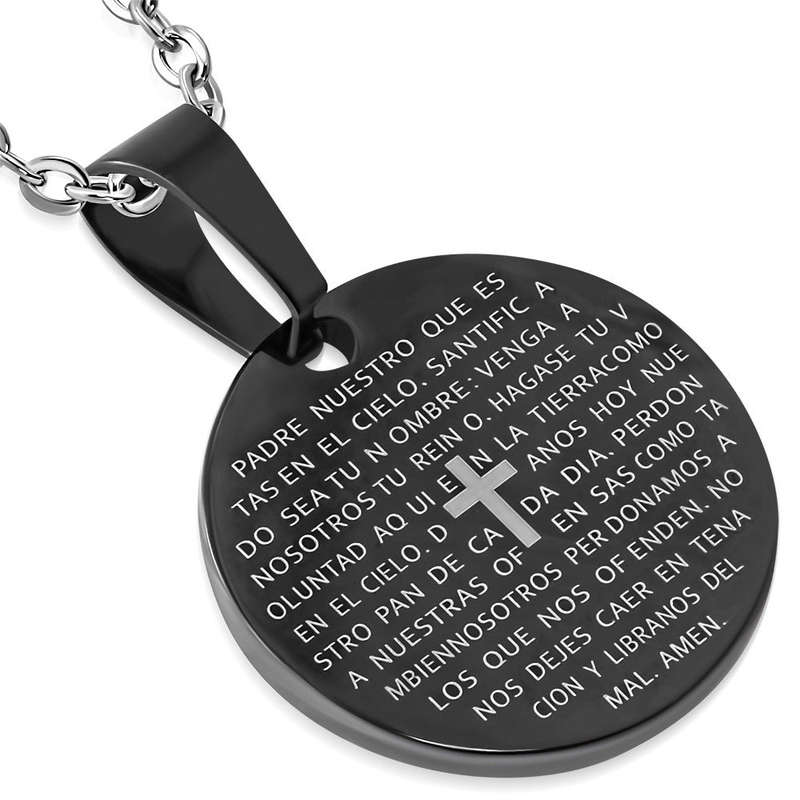 Black Stainless Steel Laser Printed The Lords Prayer In Spanish "Padre Nuestro" Cross Circle Pendant