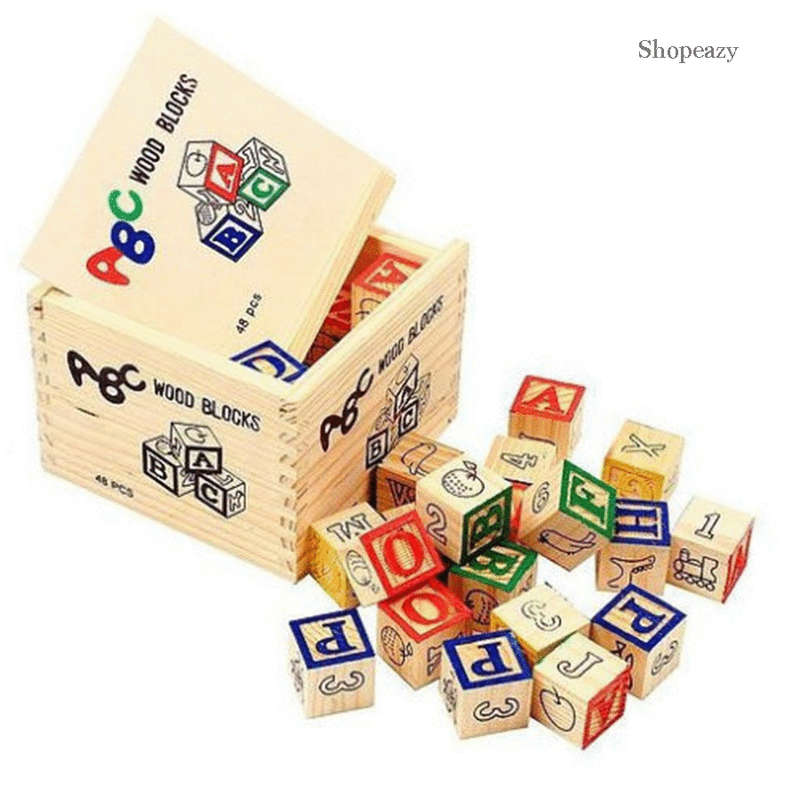 Educational ABC Wooden Blocks In Storage Box - 48 Piece