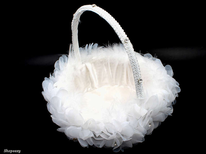 Romantic Wedding Flower Girl Basket White Satin&silk Ceremony Basket Hard Handle