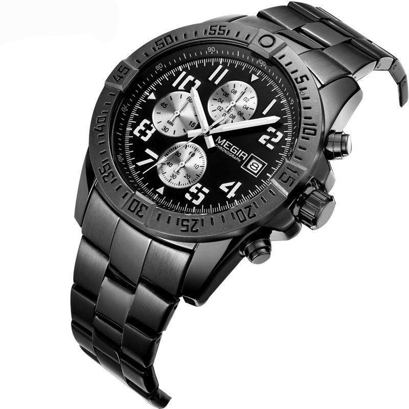 MEGIR Men's Stainless Steel Full Chronograph Watch - Black