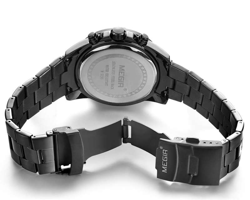 MEGIR Men's Stainless Steel Full Chronograph Watch - Black