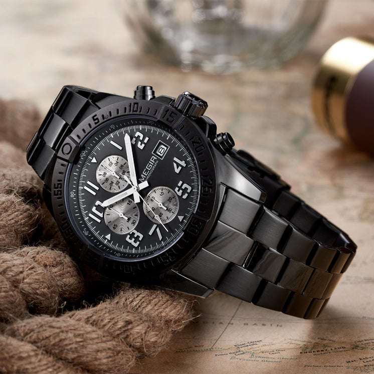 MEGIR Men's Stainless Steel Full Chronograph Watch - Black