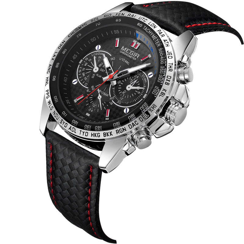 Megir Luxury Mens Leather Watch - Black face