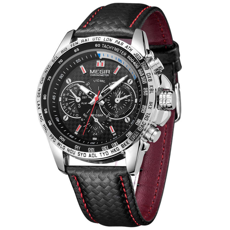 Megir Luxury Mens Leather Watch - Black face