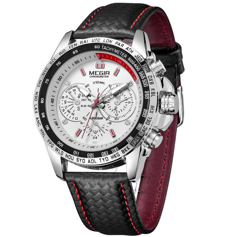 Megir Luxury Mens Leather Watch - White face