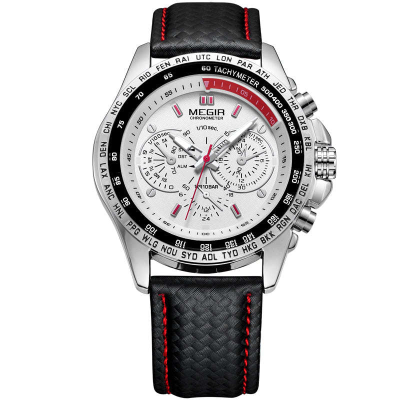 Megir Luxury Mens Leather Watch - White face