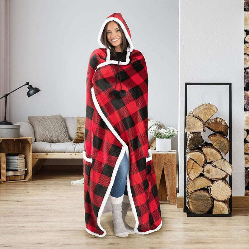 Fluffy Fleece Unisex Oversize Hooded Blanket - Red and Black