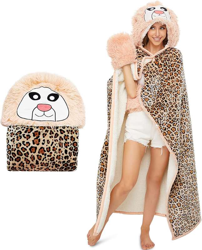 Animal Fluffy Fleece Unisex Hooded Blankets - Leopard