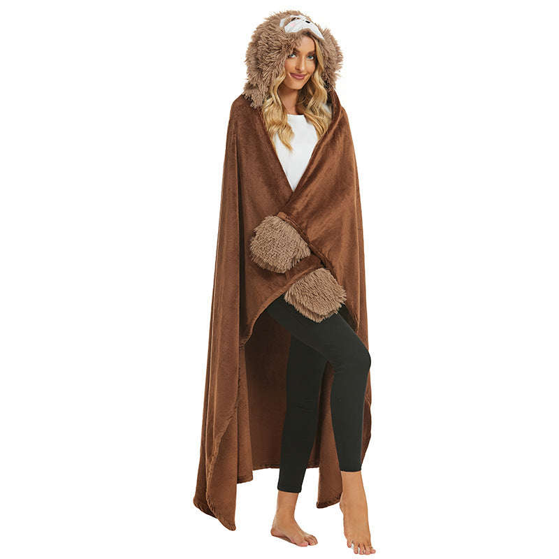Animal Fluffy Fleece Unisex Hooded Blankets - Brown Sloth