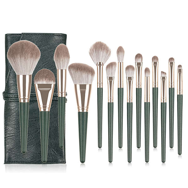 14 Piece Dark Green Brush Set with Pouch