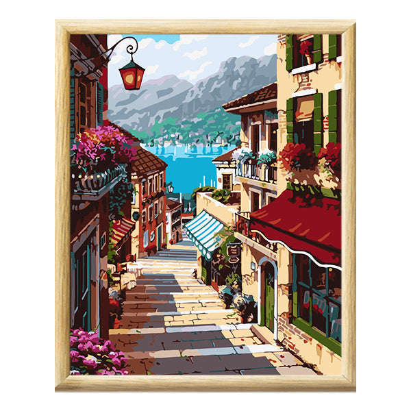 Adult Paint by Numbers with Frame - Stairway in the Village