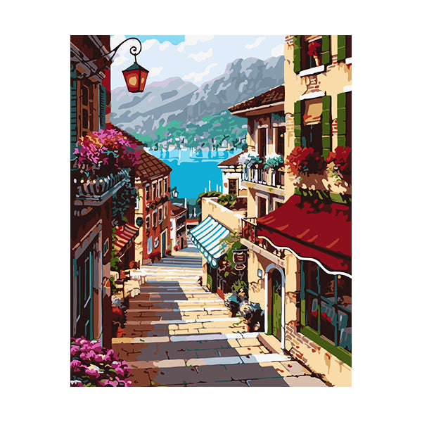 Adult Paint by Numbers with Frame - Stairway in the Village
