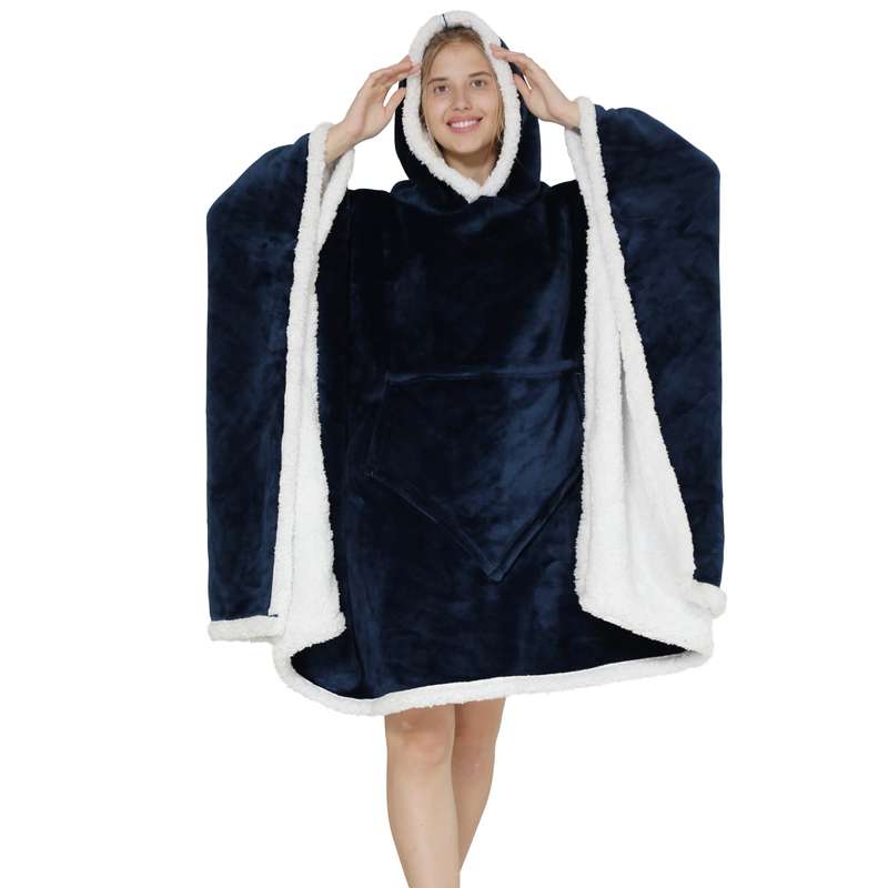 Adults Midnight Blue 2 in 1 Hooded Poncho Blanket