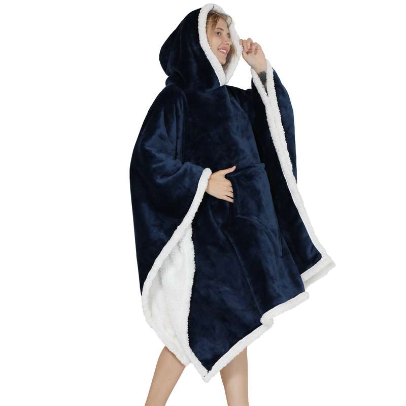 Adults Midnight Blue 2 in 1 Hooded Poncho Blanket