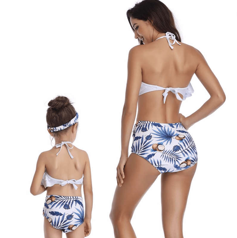 Matching Mom or Daughter Blue and White Floral Coconut Two-Piece Bikini
