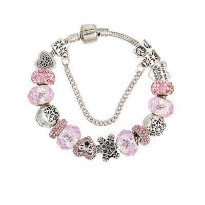 Charming Soft Pink and Silver bracelet with heart and snowflake-themed charms