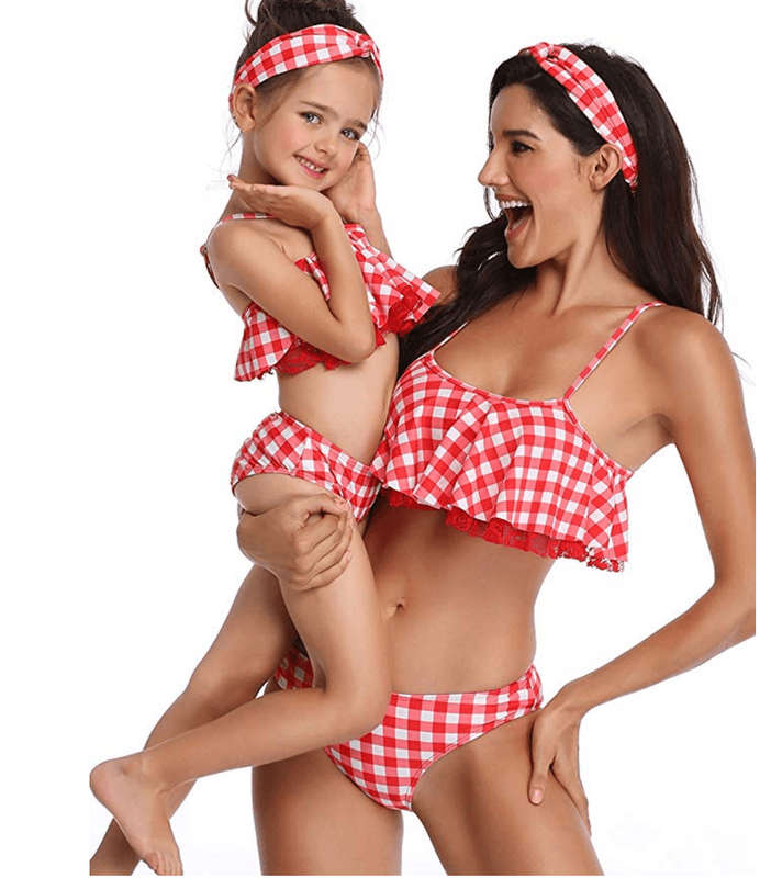 Matching Mom or Daughter Red Checkered Print Two-Piece Bikini