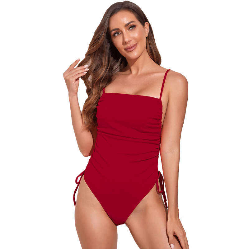 Iconix Draped High Cut Solid Colour One Piece Swimsuit - Red