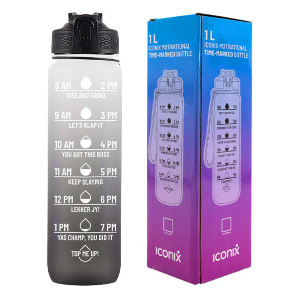 Iconix South African Motivational Time Marker Water Bottle  Black and White