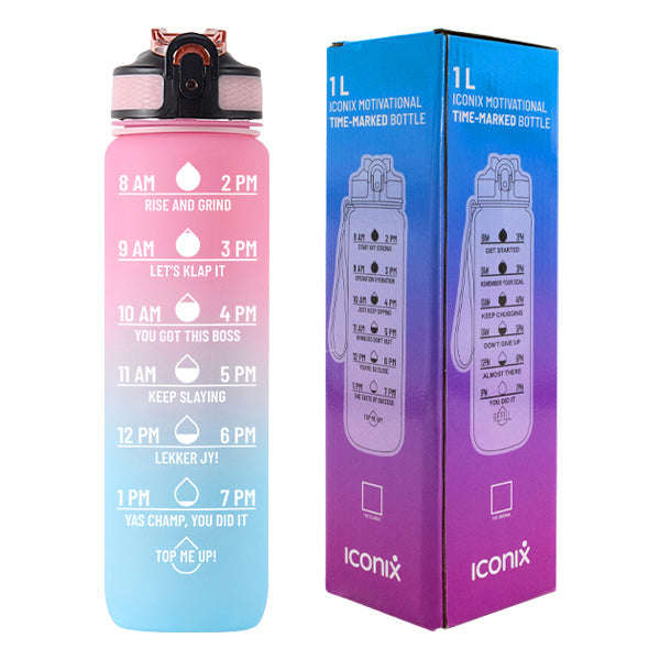 Iconix South African Motivational Time Marker Water Bottle  Pink and Blue