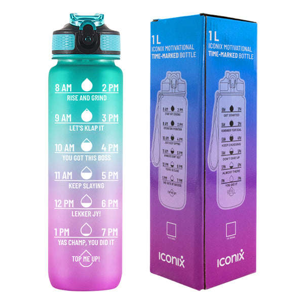 Iconix South African Motivational Time Marker Water Bottle  Green and Pink