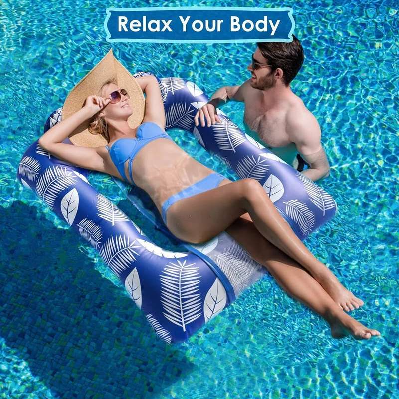 Inflatable Pool Float Chair hammock with Contour Headrest - Blue Leaf