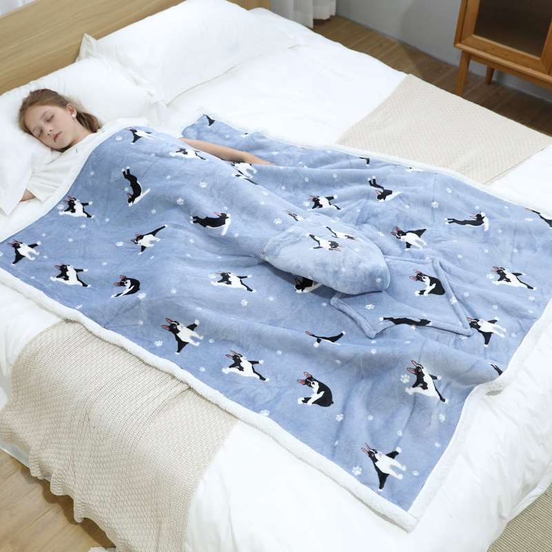 Kids 2 in 1 Grey Boston Terrier Hooded Poncho Blanket