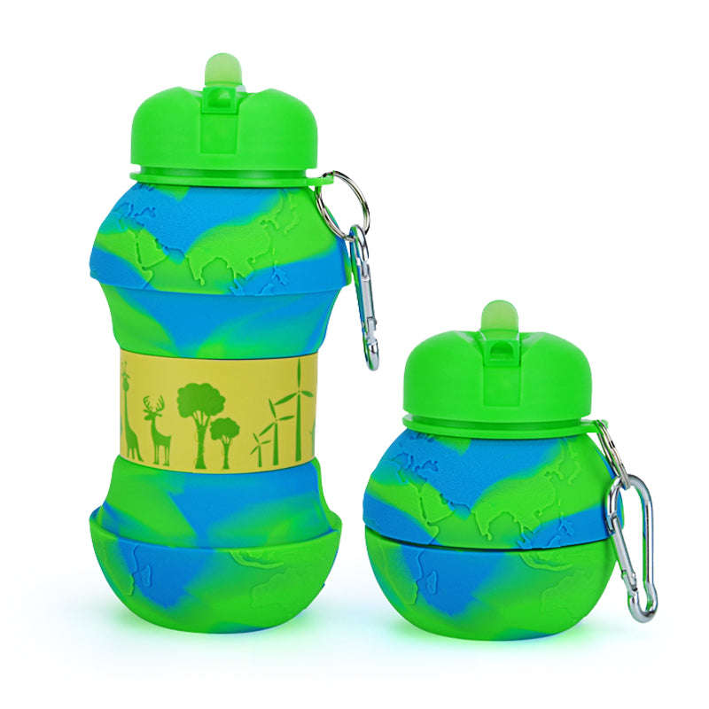 Kids Collapsible Silicone Water Bottle - Global Blue and Green