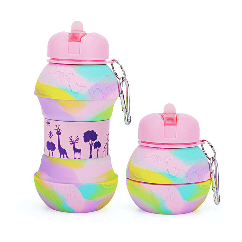 Kids Collapsible Silicone Water Bottle - Global Pink and Green