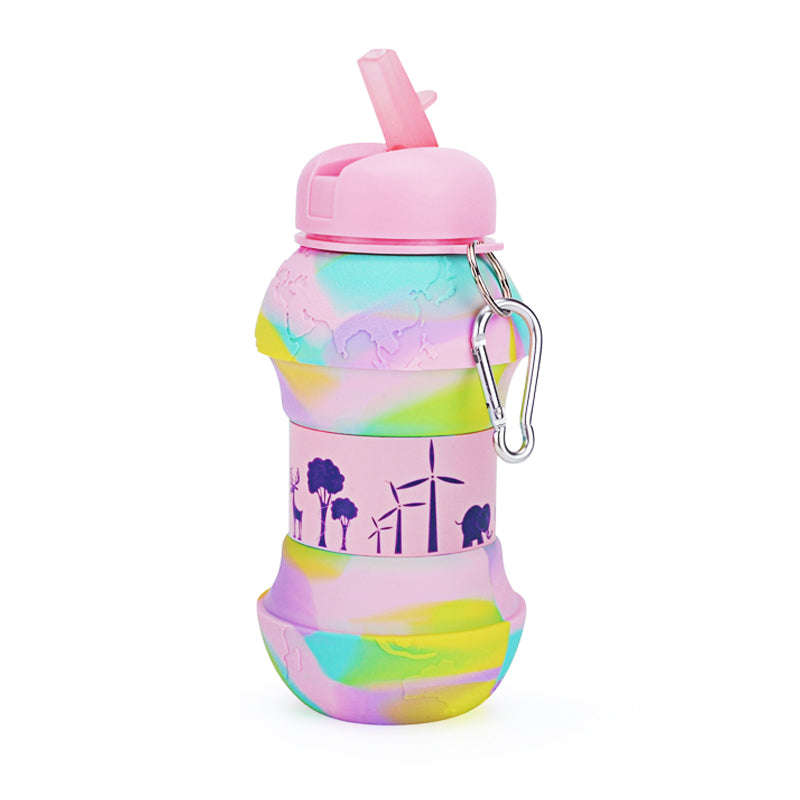 Kids Collapsible Silicone Water Bottle - Global Pink and Green