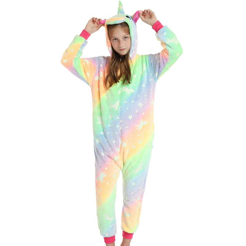 Kids Orange and Green Glow In The Dark Unicorn Onesie