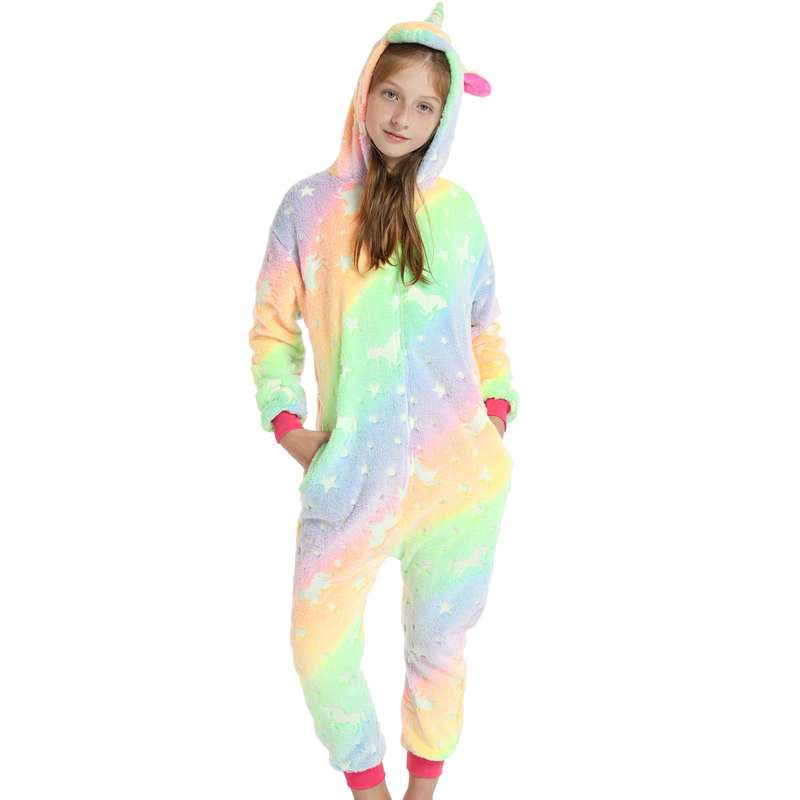 Kids Orange and Green Glow In The Dark Unicorn Onesie