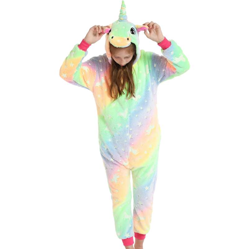 Kids Orange and Green Glow In The Dark Unicorn Onesie